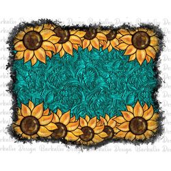 sunflower turquoise tooled leather background png sublimation design, western background png, sunflower background, digi