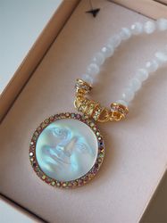 vintage antique opal necklace with shiny rhinestone  moon face crystal round pendant gold plated jewelry girl gift