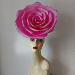 giant pink rose kentucky derby hat wedding flower headdress, bridal headpiece, church hat, horse racing, barbie party