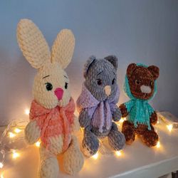 3 cat, bunny, bear crochet patterns, crochet bunny pdf, crochet bear pdf, crochet cat pdf, set of 3 crochet pattern toys