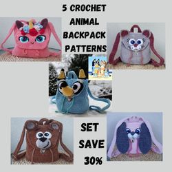 5 crochet animals backpack patterns, cat backpack crochet pattern, bunny backpack pdf, bear backpack pdf, bluy backpack