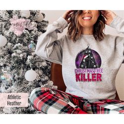 christmas tree killer sweatshirt gift for horror movie lover, christmas skull sweatshirt,black cat hoodie, santa hat out