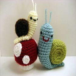 sale - amigurumi crochet snails and mushrooms pattern set digital download