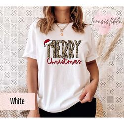 leopard merry christmas shirt gift for mom, santa hat shirt, christmas holiday tshirt, christmas women's tee, leopard xm