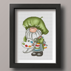 artist gnome cross stitch pattern pdf, painter cross stitch, painter gnome, painting cross stitch, counted cross stitch