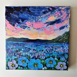 acrylic textured painting: breathtaking sunset landscape & floral art