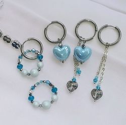 handmade hoop earrings transformers with 6 pendants, blue and silver heart shaped earrings, swarovski pearls earrings