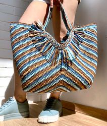 Crochet Beach Bag, Raffia Bag, Beach Shopping Bag, Crochet Pattern Bag, Download Tutorial Pdf Video