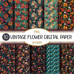 vintage flower digital papers | background, scrapbook, wall art, rose, vine, leaf, sunflower, poppy, wildflower, orchid