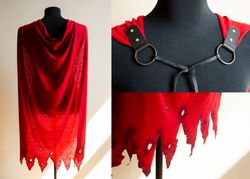 red barbarian cloak for larp costume or fantasy cosplay. dnd warrior garb. viking dress.