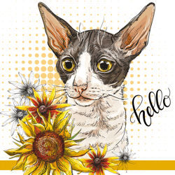 cornish rex cat in flowers trendy illustration