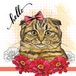 cool scottish fold cat in flowers  trendy illustration