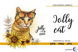 ginger cat in sunflowers trendy illustration