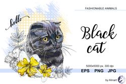 black cat with flowers illustration