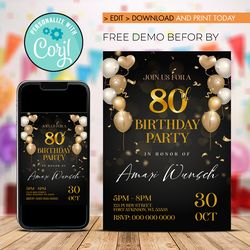 editable gold and silver balloons birthday invitation, luxury birthday invitation instant download