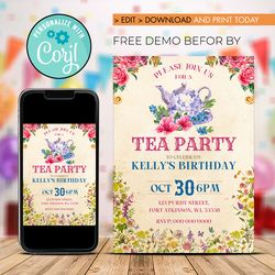 editable tea party birthday invitation instant download