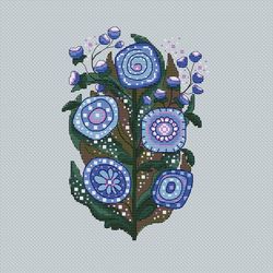 blue flowers cross stitch pattern primitive flowers folk flowers counted cross stitch floral style pdf pattern