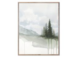 evergreen trees art pine trees print watercolor painting christmas tree abstract landscape art sage green wall art