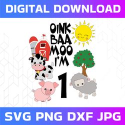 personalized oink baa moo i'm one boys girls svg cute farm animals themed birthday party kids svg, digital download cust