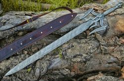 sword ! damascus steel sword crafted by hand! new barbarian sword with leather sheath, jewel handle, and full tang