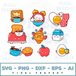 cute breakfast svg, food svg bundle, kawaii food clipart, milk, coffee svg, toast,egg svg,morning svg, print file, print