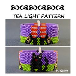 witch legs and black cat halloween tea light holder peyote pattern beaded candle cover seed bead tealight autumn design