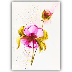 peony original watercolor art  room decor floral painting flower small painting