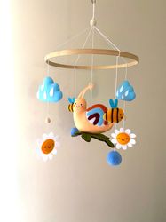 snail baby mobile.  bee mobile. forest glade mobile. forest snail decor. rainbow nursery mobile.