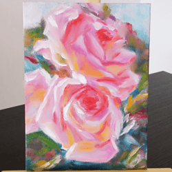 oil painting flowers, roses in the garden. small painting oil. hand painted art on cardboard on canvas.