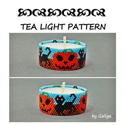 halloween tea light holder pattern pumpkin beading peyote candle cover black cat spooky tealight design seed bead decor