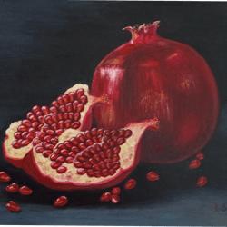 still life oil painting on stretched canvas. pomegranate.