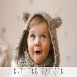 knitting pattern hooded scarf x bear snood knit pattern x winter snood pattern x kids hoodie x beginners pattern x bear