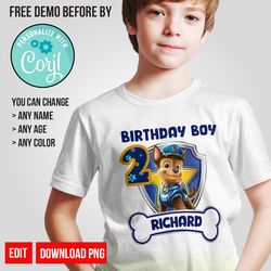 Personalize Chase Paw Patrol Birthday Shirt PNG Digital Instant Download