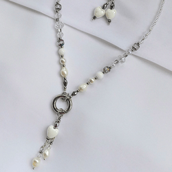 white heart necklace and earrings set with natural pearls silver, heart shaped jewelry love gift, pearl earrings