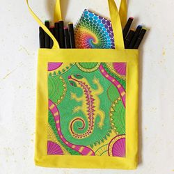 shopper bag. embroidery and hand-painted african patterns and lizard . yellow eco bag cotton