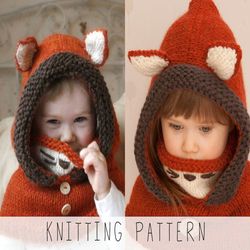 fox hood knitting pattern kids hooded cowl knit pattern fox snood knit pattern animal hoodie knitting pattern toddler