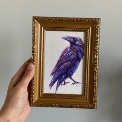 original raven watercolor painting, crow art, raven wall decor, framed bird art, crow wall decor, framed painting