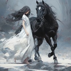 "elegance in contrast: the girl and the black stallion" oil painting