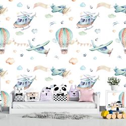 child's bedroom wallpaper airplanes with balloons cartoon wallpaper