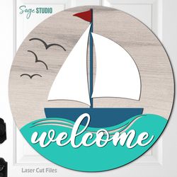 sailboat door hanger svg | laser cut files | coastal svg | beach svg | sailboat svg | welcome sign svg | glowforge files