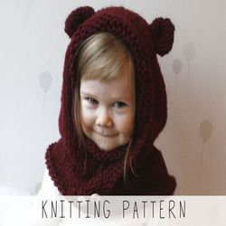 knitting pattern hooded cowl x bear snood knit pattern x easy knit hoodie x animal snood x rounded ears hood x kids bear