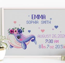 whale baby announcement cross stitch, birth announcement cross stitch, animals cross stitch, digital pdf