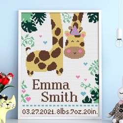 birth announcement cross stitch, funny giraffe cross stitch, new baby girl birth cross stitch, digital pdf