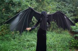 large black dragon, bat wings with horns for cosplay costume, vampire, monster wings, halloween outfit/horror accessory