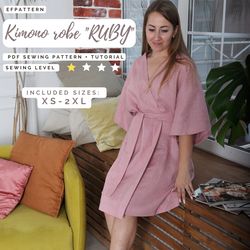 kimono robe sewing pattern, oversized bathrobe instant pdf download, sizes xs-xxl