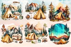 watercolor camping cliparts bundle