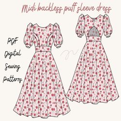 backless puff sleeve midi dress|dress sewingpattern|women sewing pattern|midi dress pattern|backless dresssewing pattern