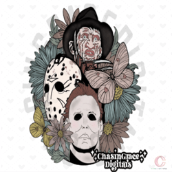 halloween boys floral png, halloween png, killer floral png, jason png, myers png, freddy krueger png