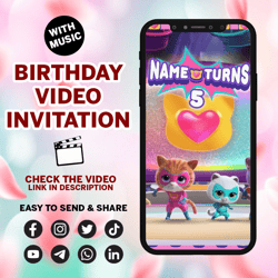 super kitties, video invitation, invitations, digital, invite, custom, personalized, birthday, party, card