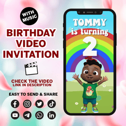 coco melon cody birthday video invitation, melon invite, melon animated birthday invitation, video invite, girl and boy